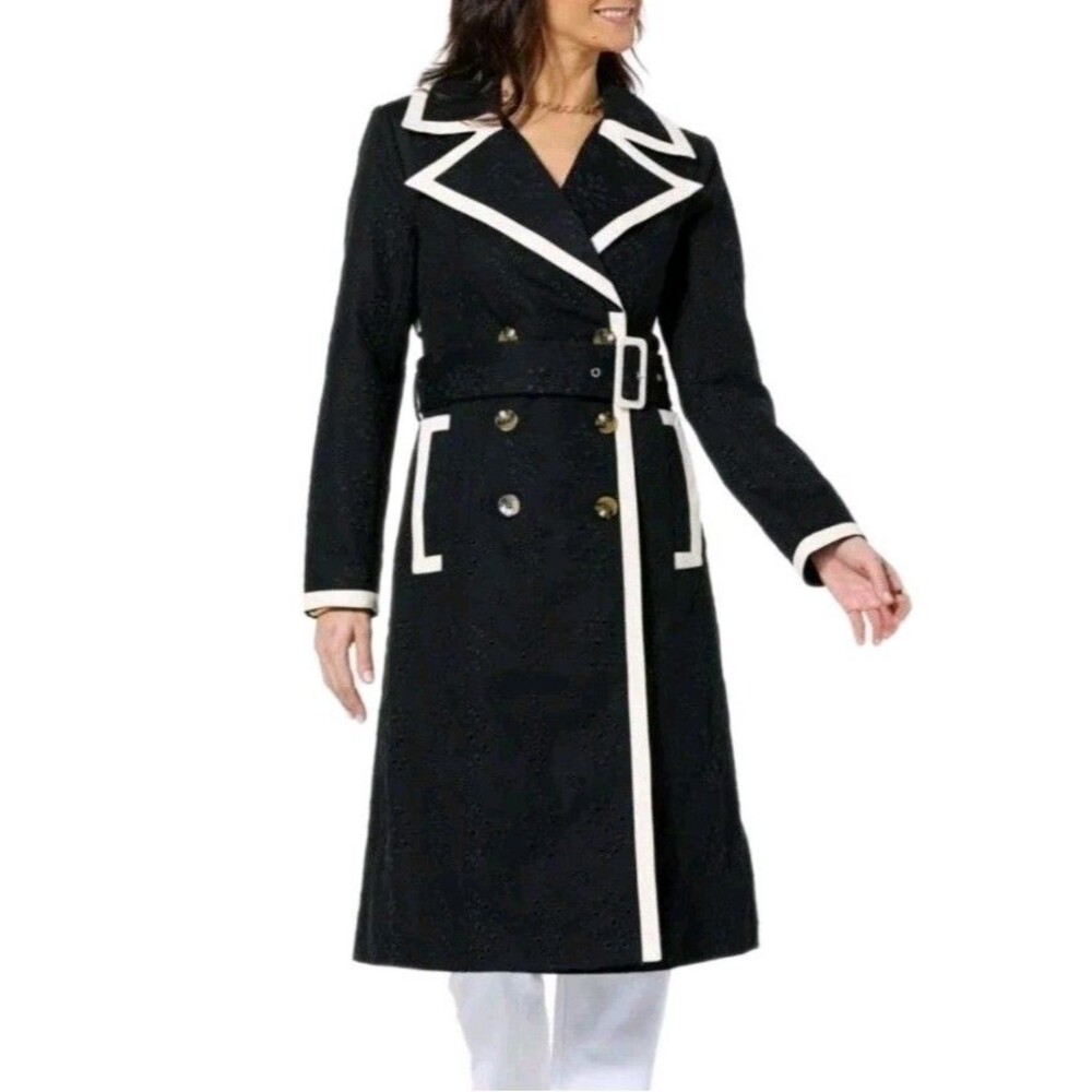 Kathy Ireland Eyelet Trench Coat Black Ivory Double Breasted Belted Womens M EUC